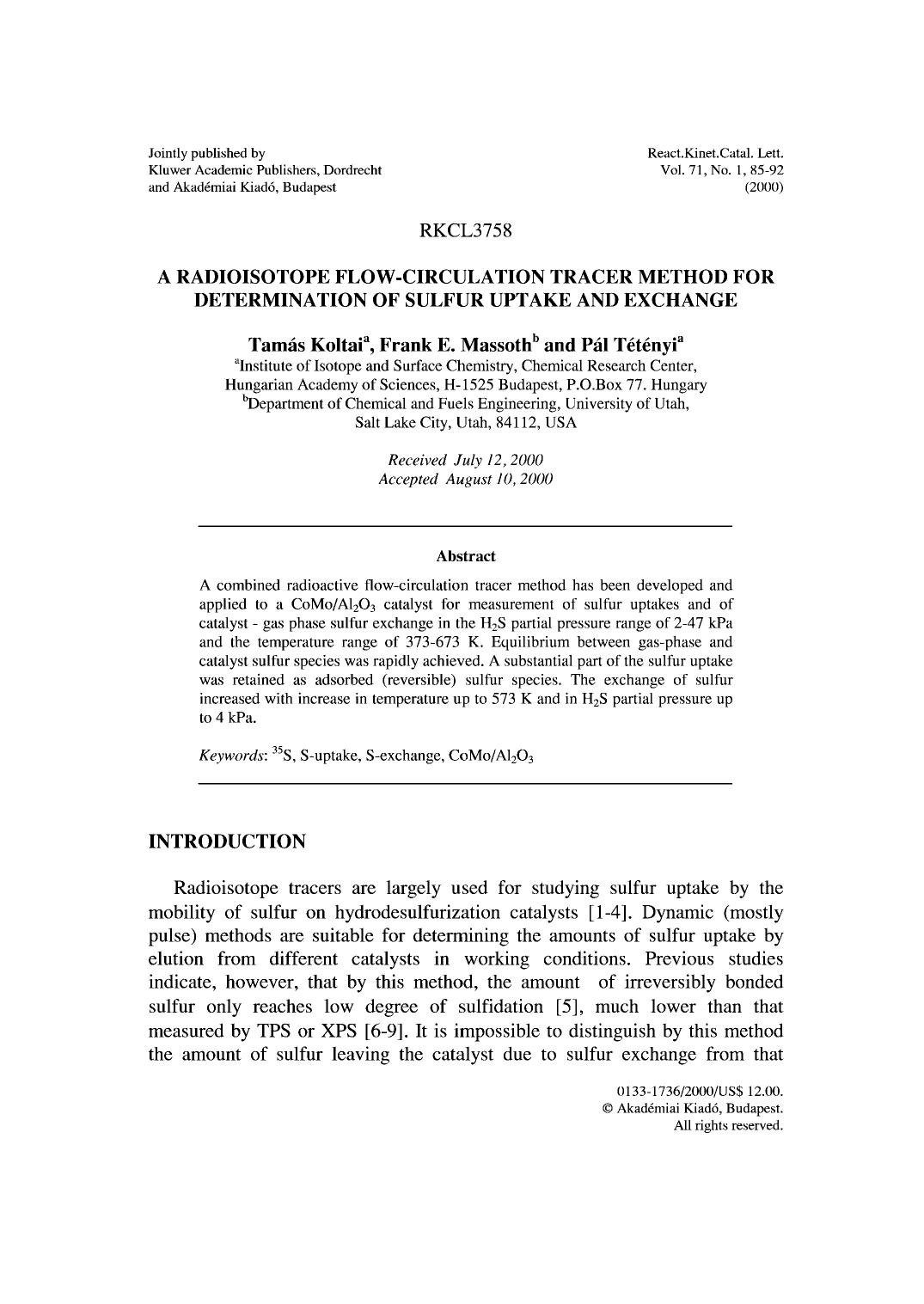 A Radioisotope Flow-Circulation Tracer Method for Determination of Sulfur Uptake and Exchange by Unknown