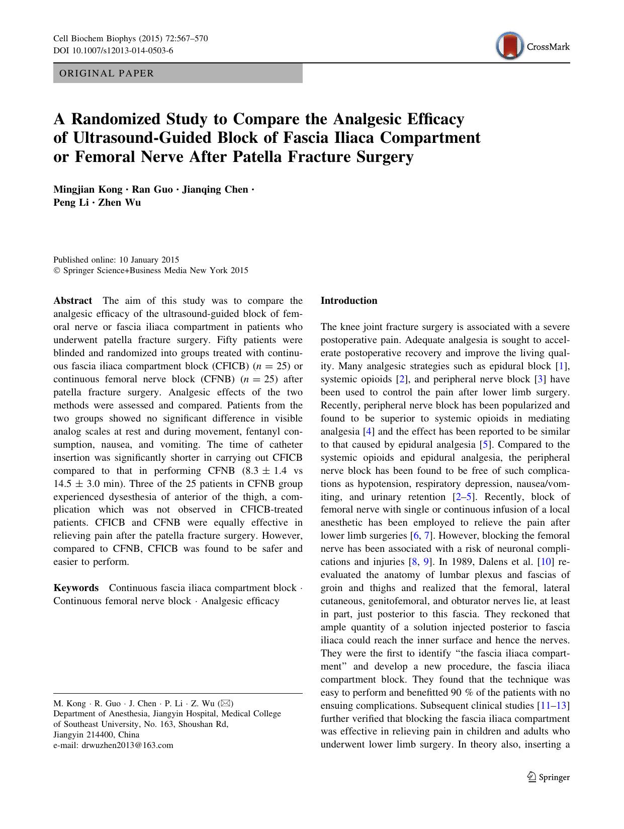 A Randomized Study to Compare the Analgesic Efficacy of Ultrasound-Guided Block of Fascia Iliaca Compartment or Femoral Nerve After Patella Fracture Surgery by Mingjian Kong & Ran Guo & Jianqing Chen & Peng Li & Zhen Wu