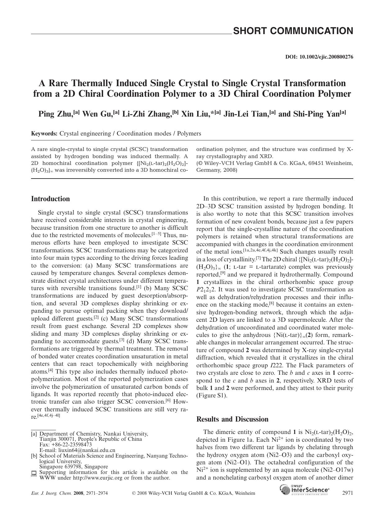 A Rare Thermally Induced Single Crystal to Single Crystal Transformation from a 2D Chiral Coordination Polymer to a 3D Chiral Coordination Polymer by Unknown