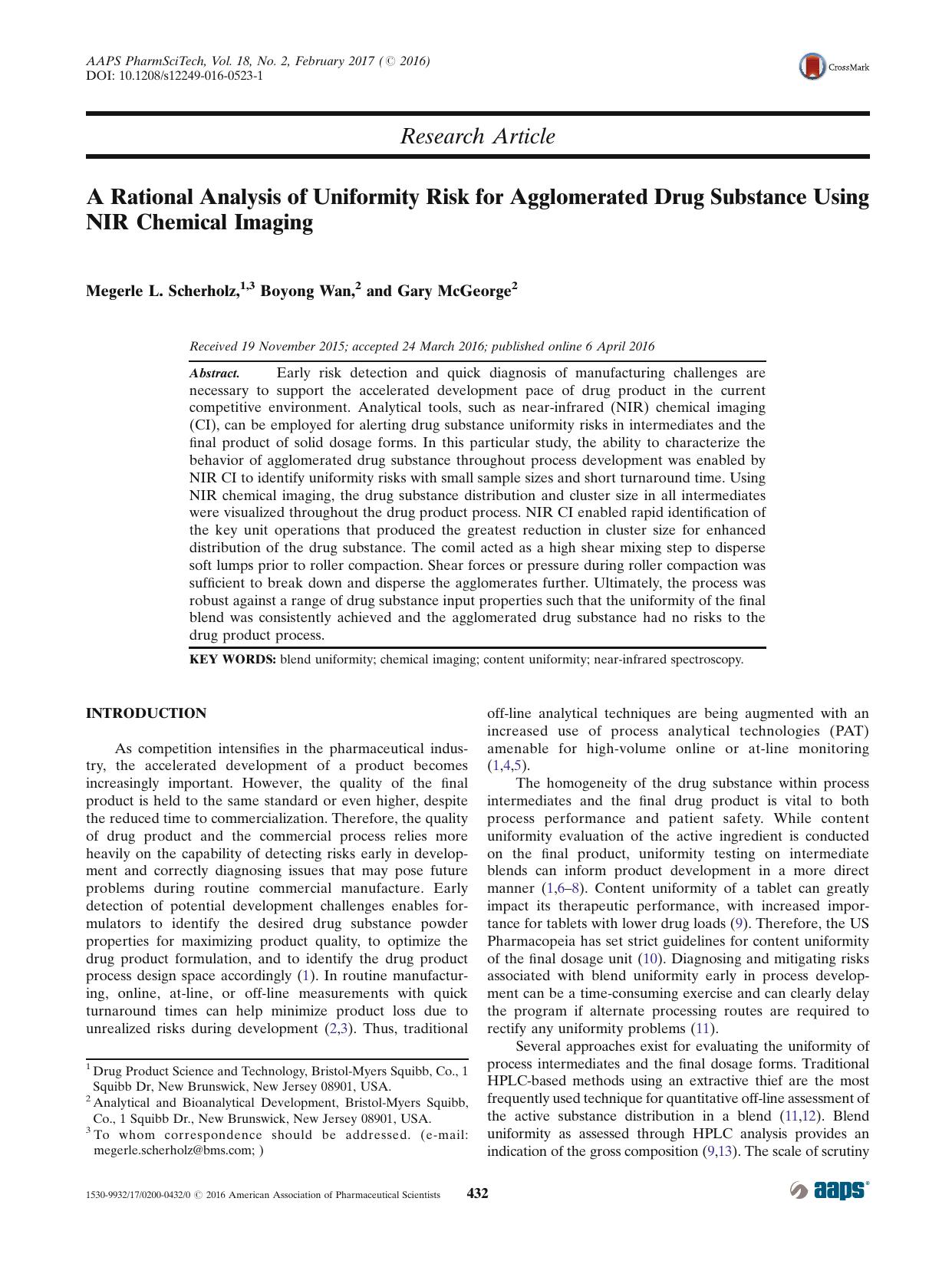 A Rational Analysis of Uniformity Risk for Agglomerated Drug Substance Using NIR Chemical Imaging by Megerle L. Scherholz & Boyong Wan & Gary McGeorge
