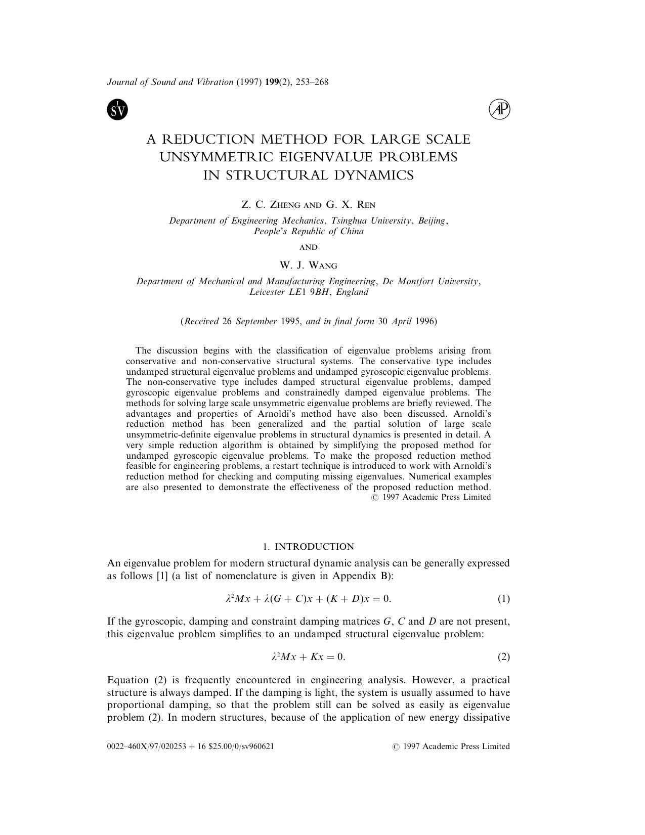 A Reduction Method for Large Scale Unsymmetric Eigenvalue Problems in Structural Dynamics by Zheng Z. C. et al