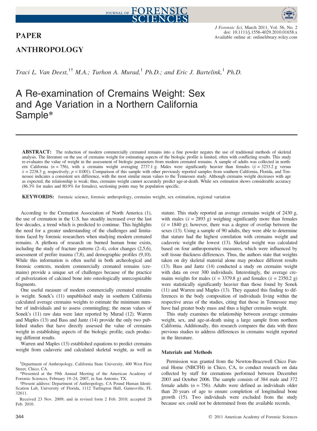 A Reexamination of Cremains Weight: Sex and Age Variation in a Northern California Sample by Unknown