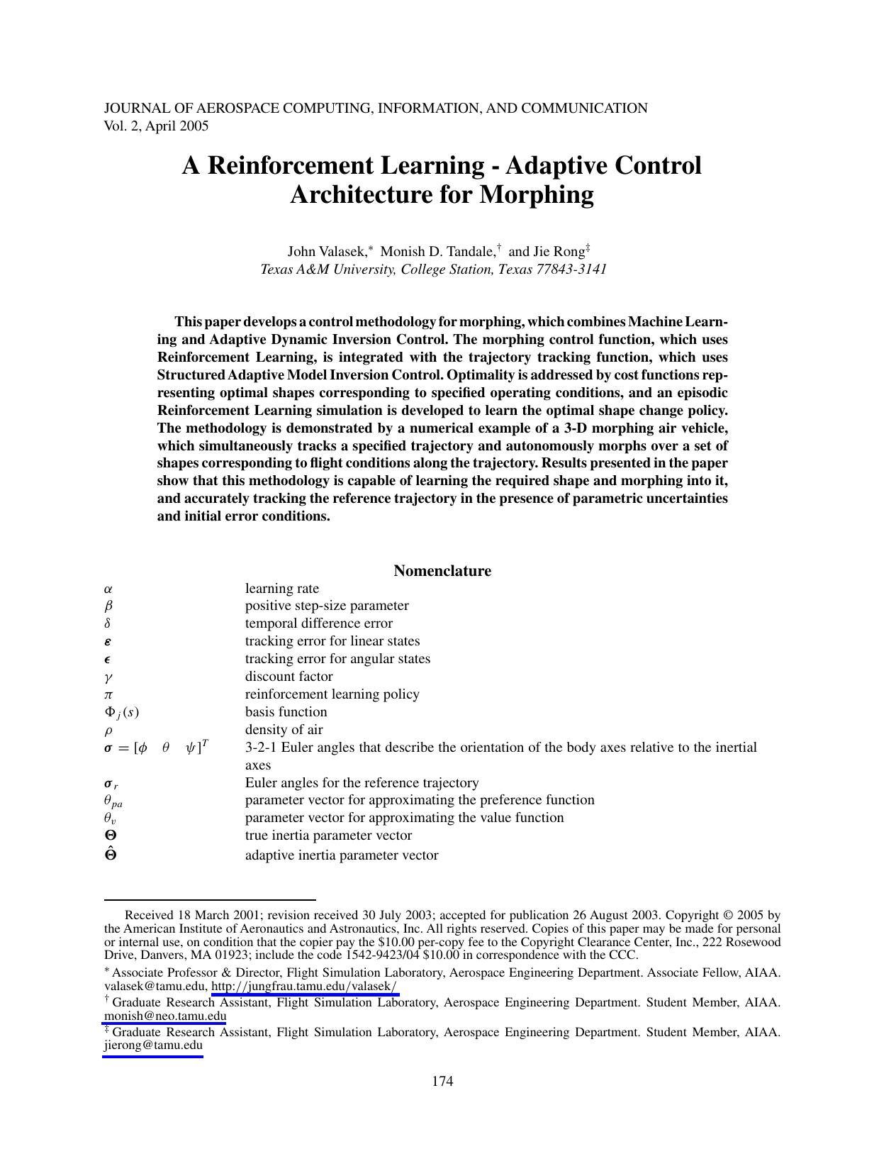 A Reinforcement Learning-Adaptive Control Architecture for Morphing by Valasek Tandale and Rong