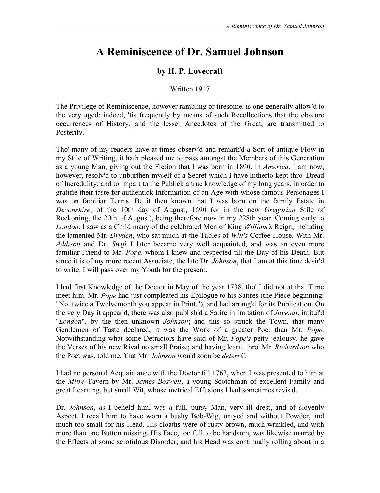 A Reminiscence Of Dr. Samuel Johnson by H. P. Lovecraft