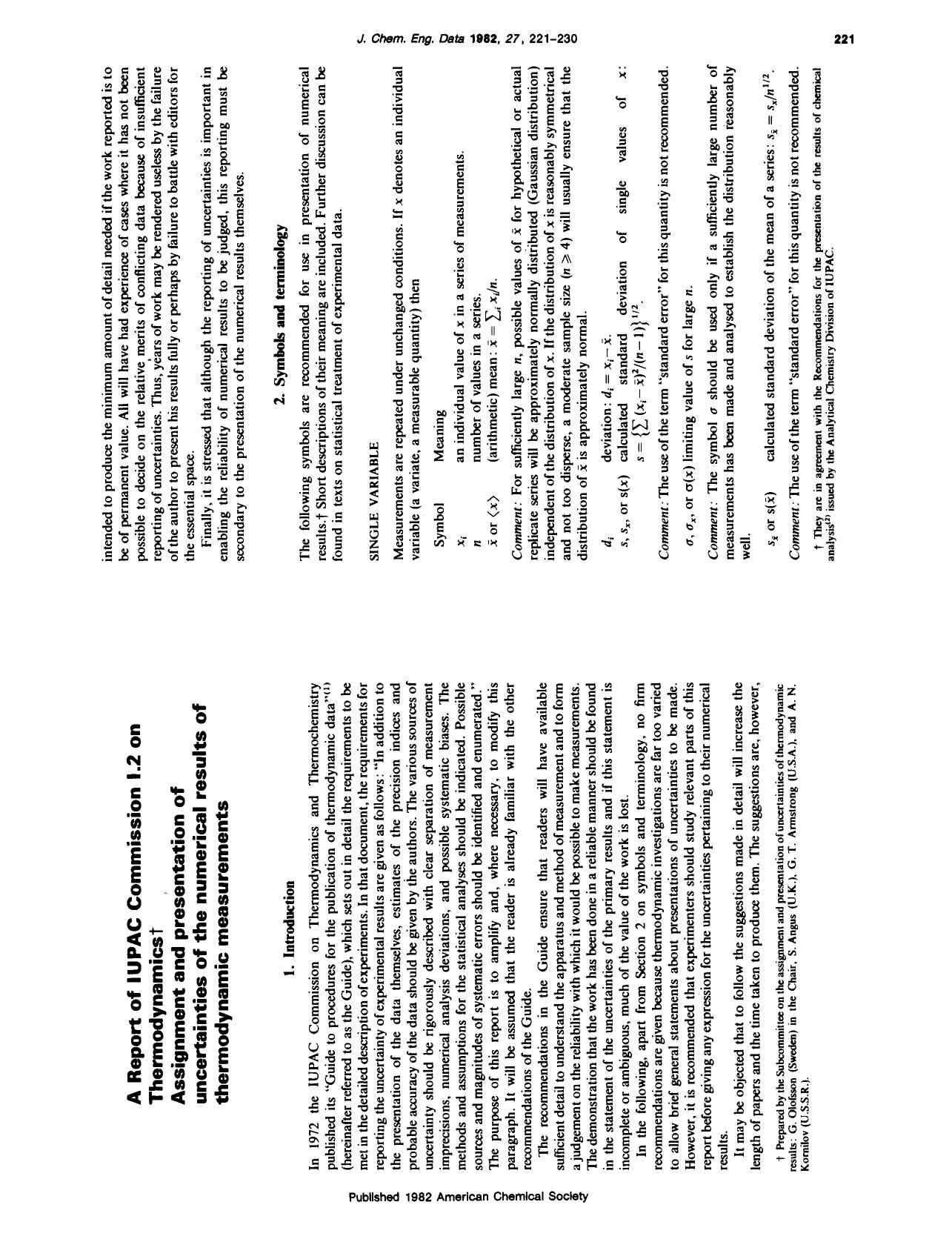 A Report of IUPAC Commission 1.2 on Thermodynamics. Assignment and presentation of uncertainties of the numerical results of thermodynamic measurements by Unknown