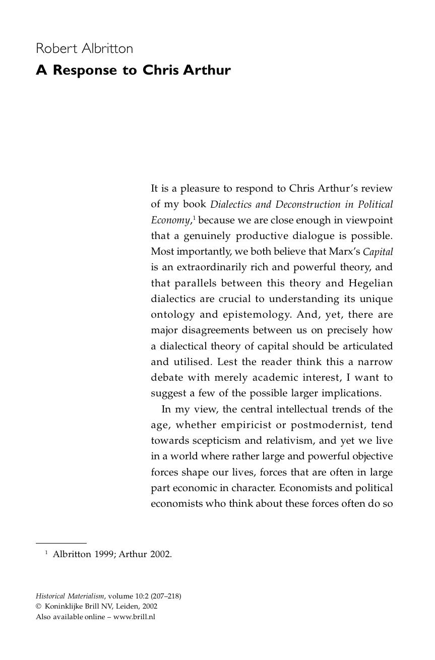 A Response to Chris Arthur by A Response to Chris Arthur