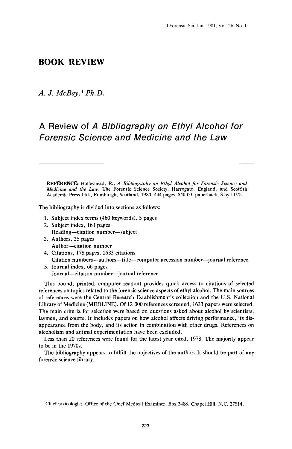 A Review of <i>A Bibliography on Ethyl Alcohol for Forensic Science and Medicine and the Law<i> by McBay AJ