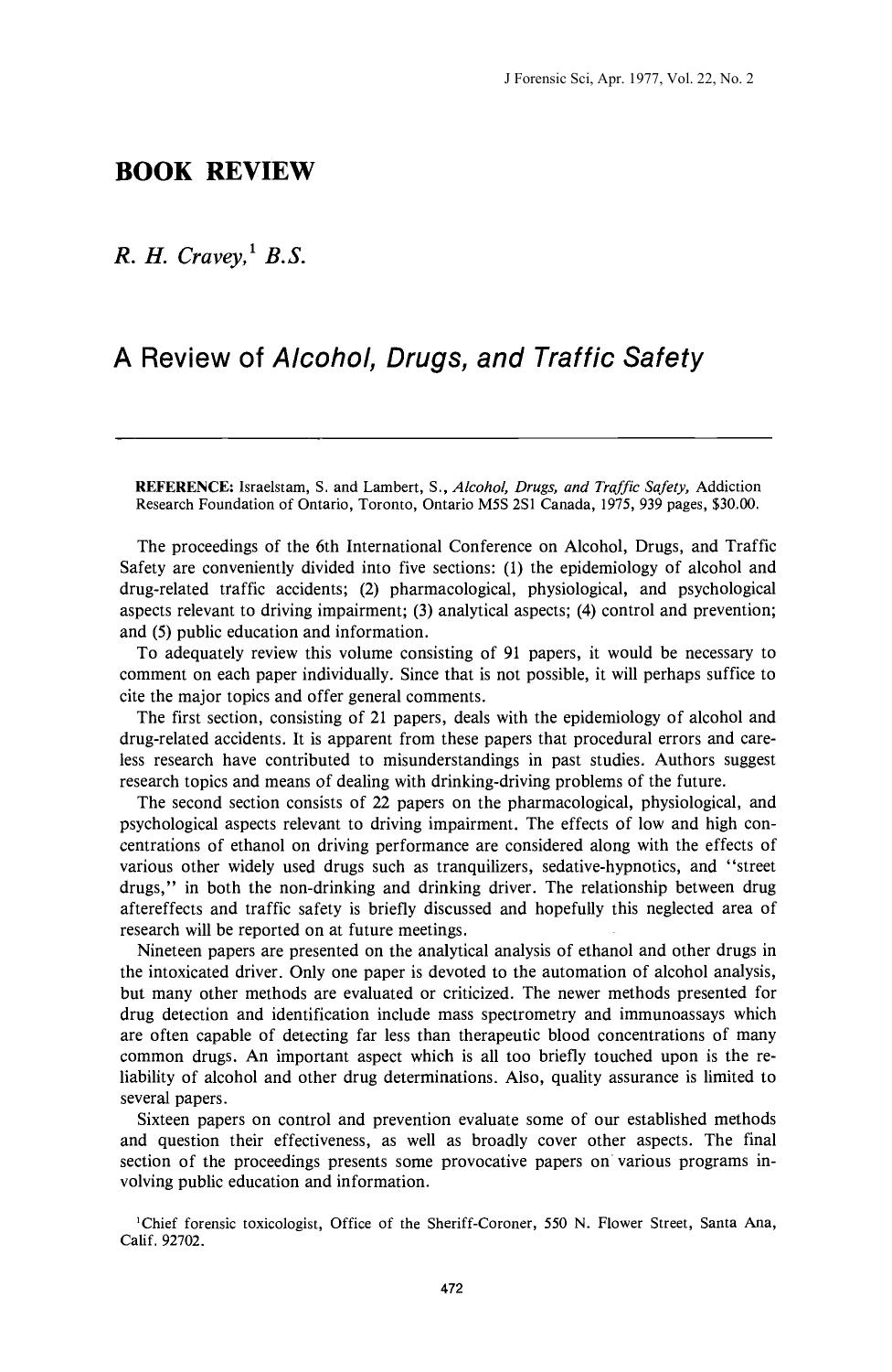 A Review of <i>Alcohol, Drugs, and Traffic Safety<i> by Cravey RH