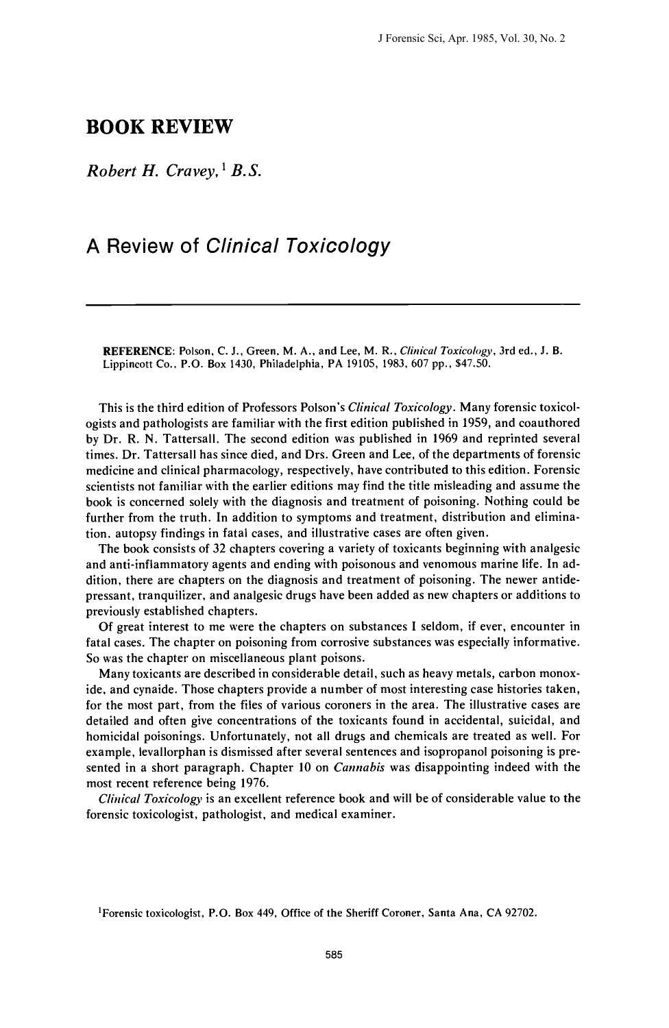 A Review of <i>Clinical Toxicology<i> by Cravey RH