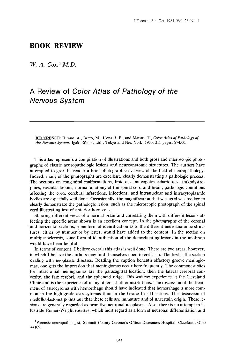 A Review of <i>Color Atlas of Pathology of the Nervous System<i> by Cox WA