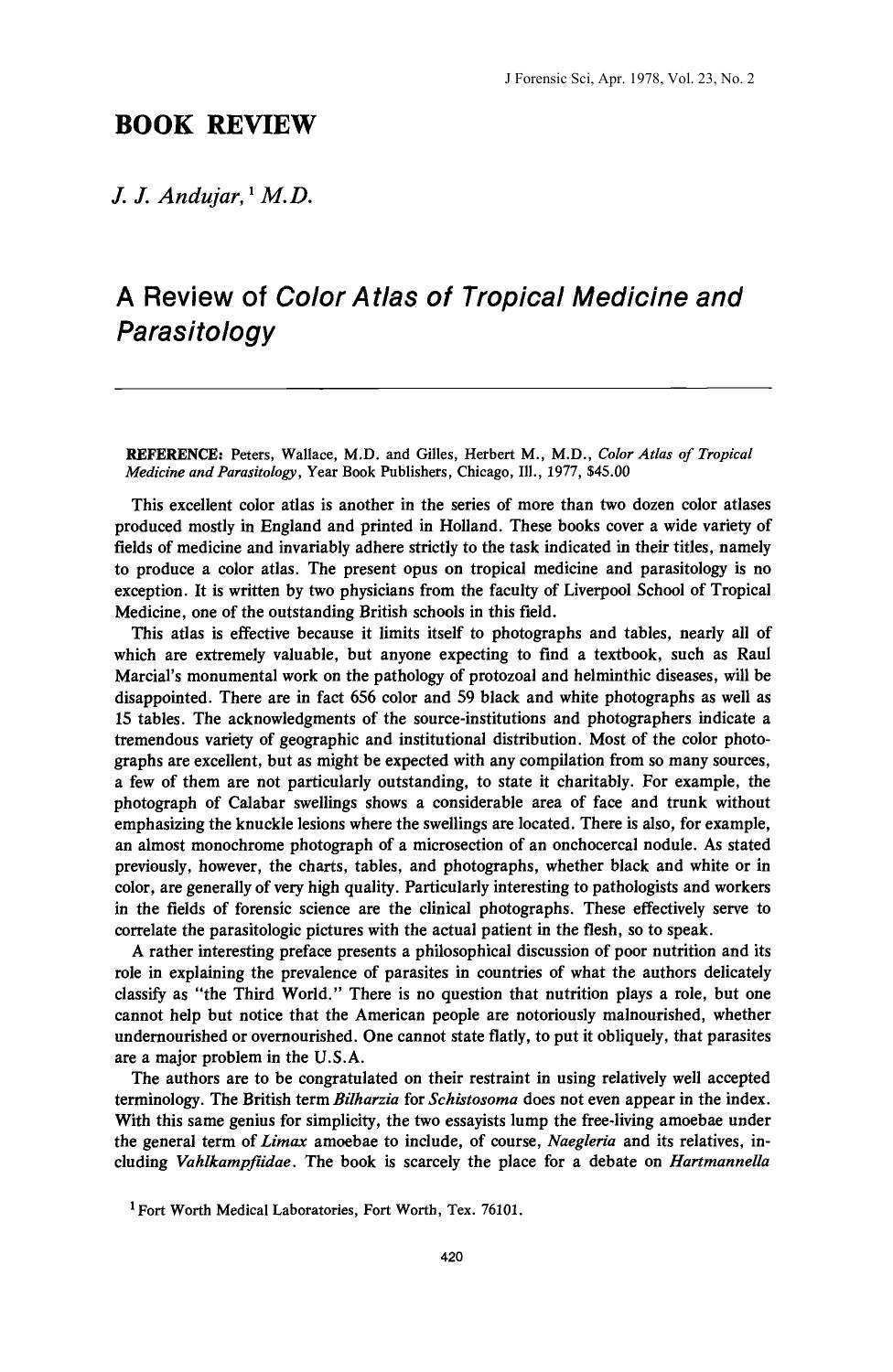A Review of <i>Color Atlas of Tropical Medicine and Parasitology<i> by Andujar JJ