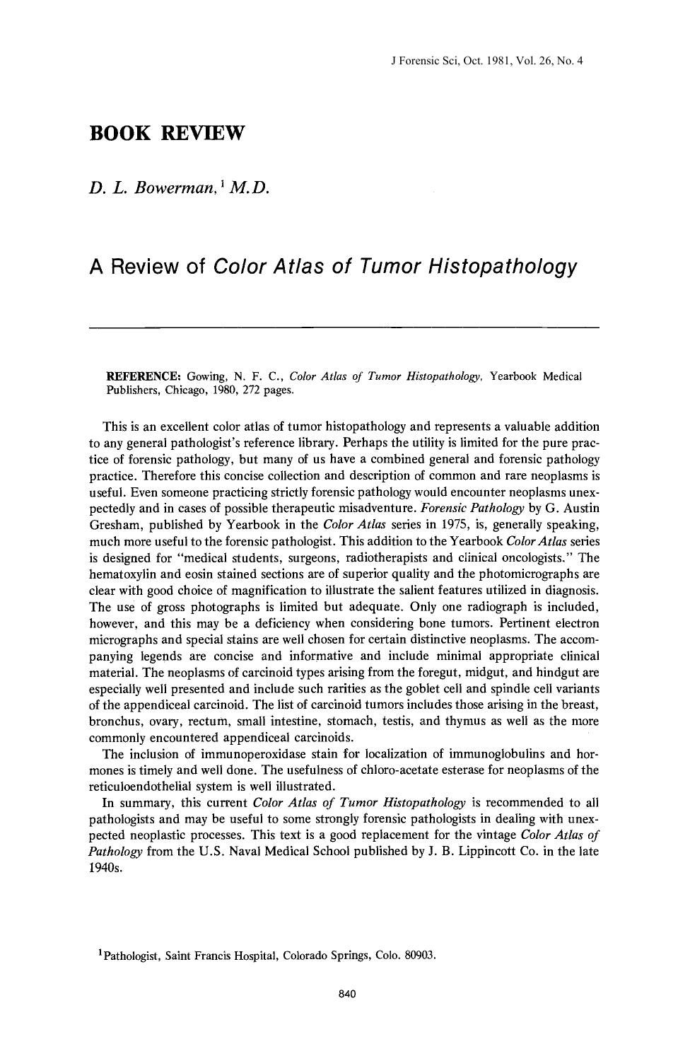 A Review of <i>Color Atlas of Tumor Histopathology<i> by Bowerman DL
