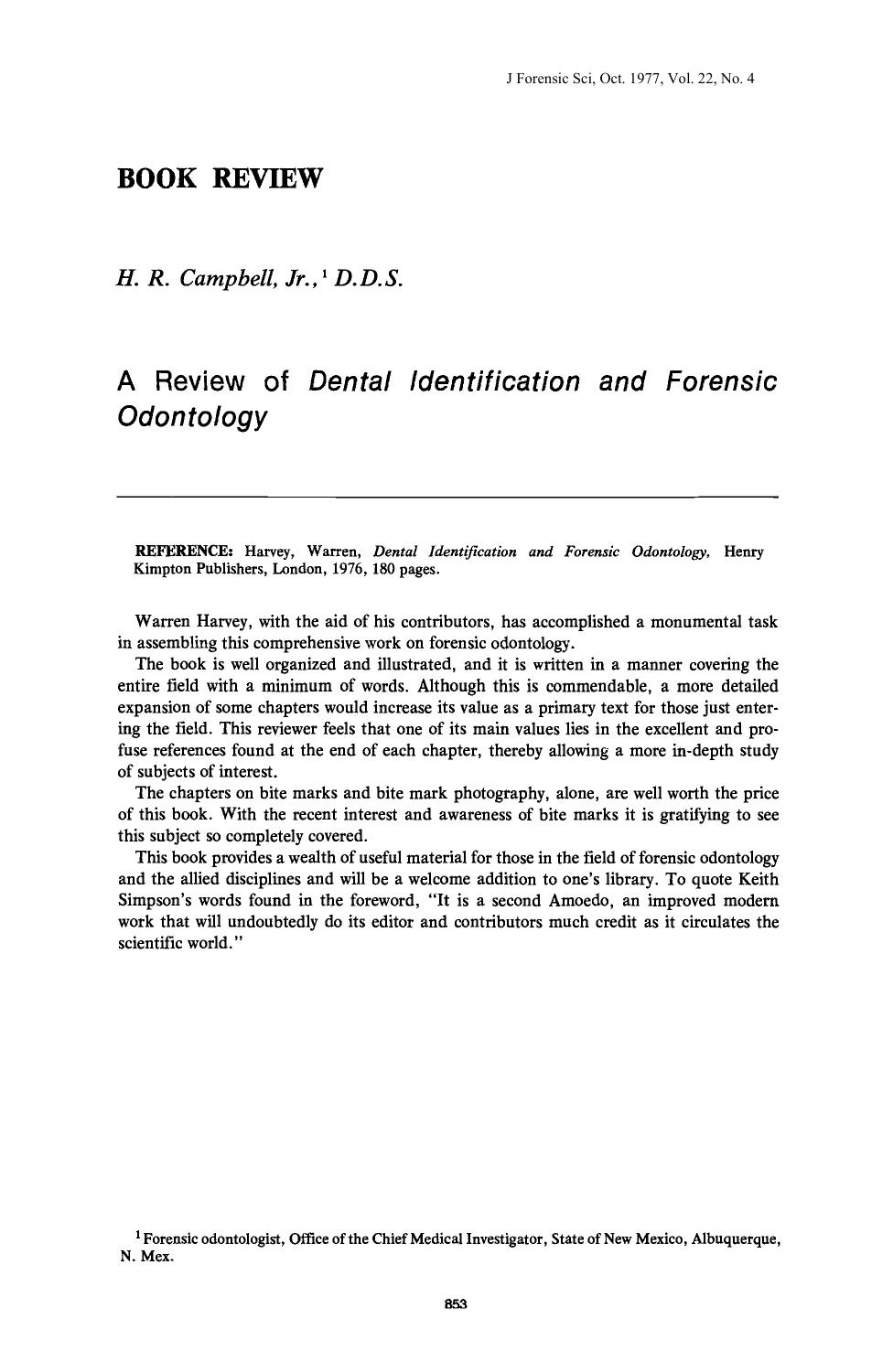 A Review of <i>Dental Identification and Forensic Odontology<i> by Campbell HR Jr