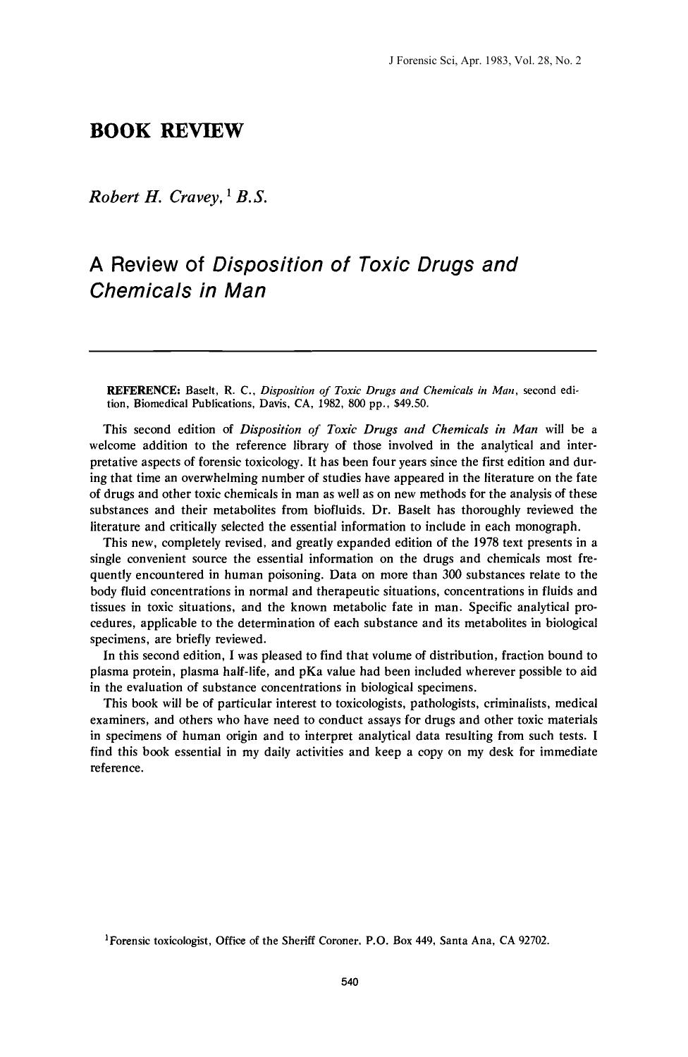 A Review of <i>Disposition of Toxic Drugs and Chemicals in Man<i> by Cravey RH