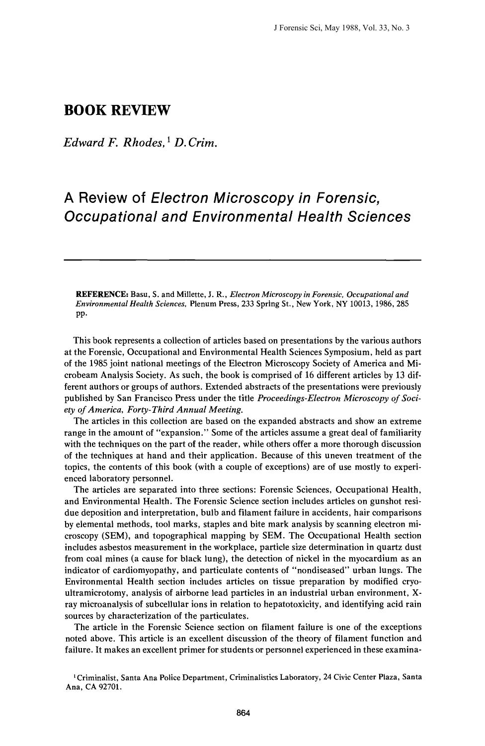 A Review of <i>Electron Microscopy in Forensic, Occupational and Environmental Health Sciences<i> by Rhodes EF