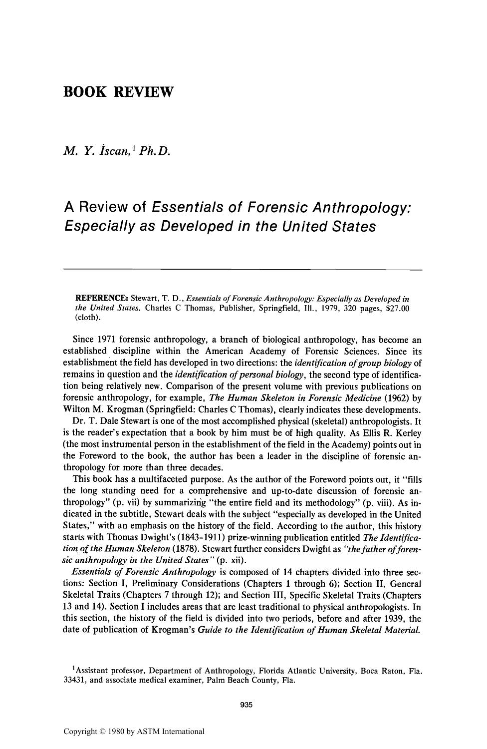 A Review of <i>Essentials of Forensic Anthropology: Especially as Developed in the United States<i> by Iexcl; & scedil;can MY