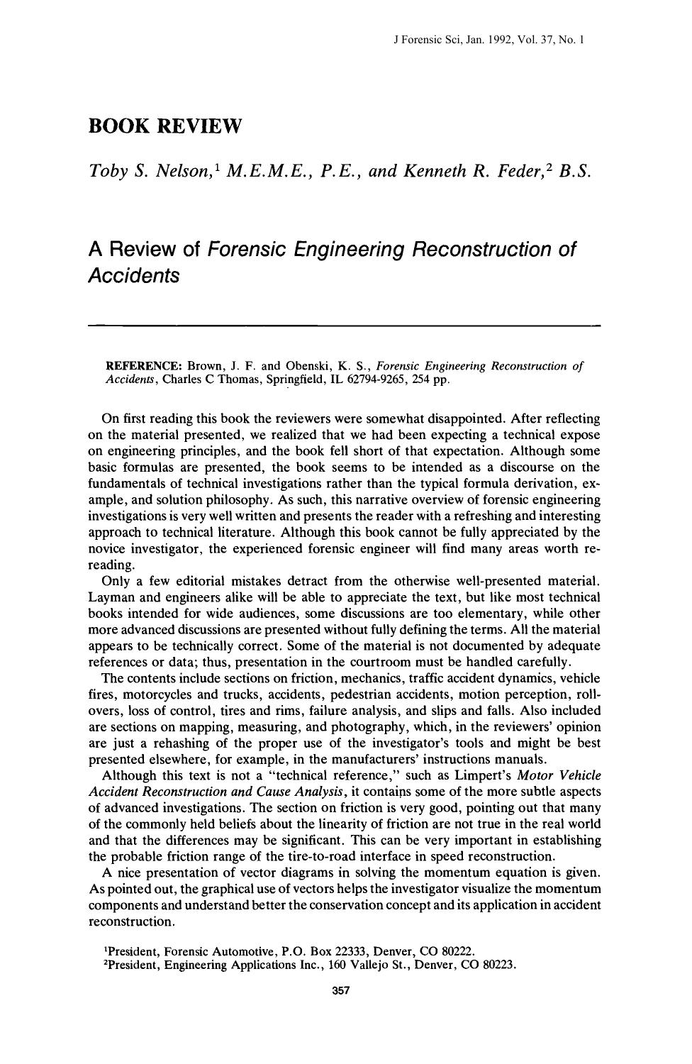 A Review of <i>Forensic Engineering Reconstruction of Accidents<i> by Nelson TS Feder KR