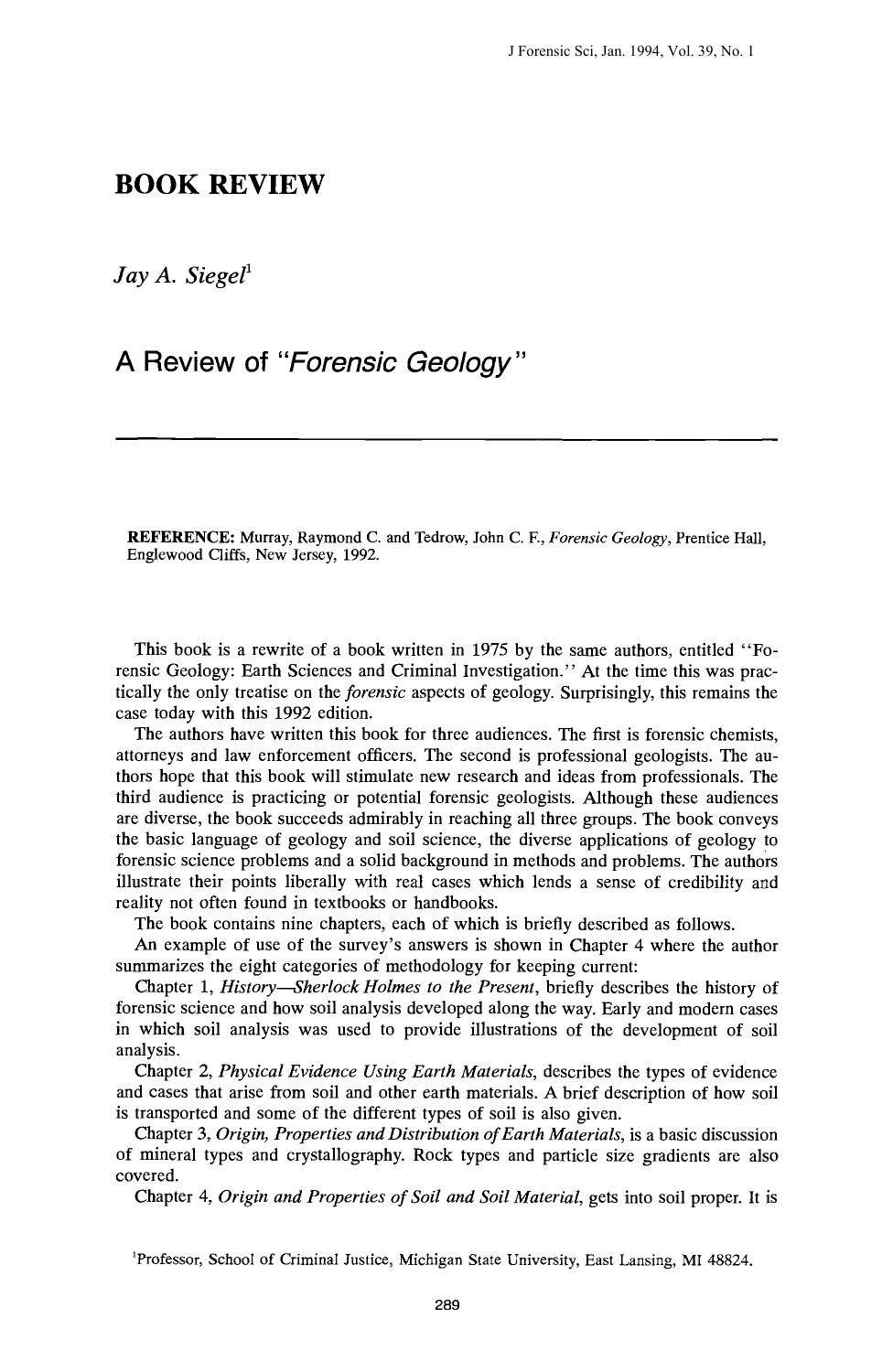 A Review of <i>Forensic Geology<i> by Siegel JA