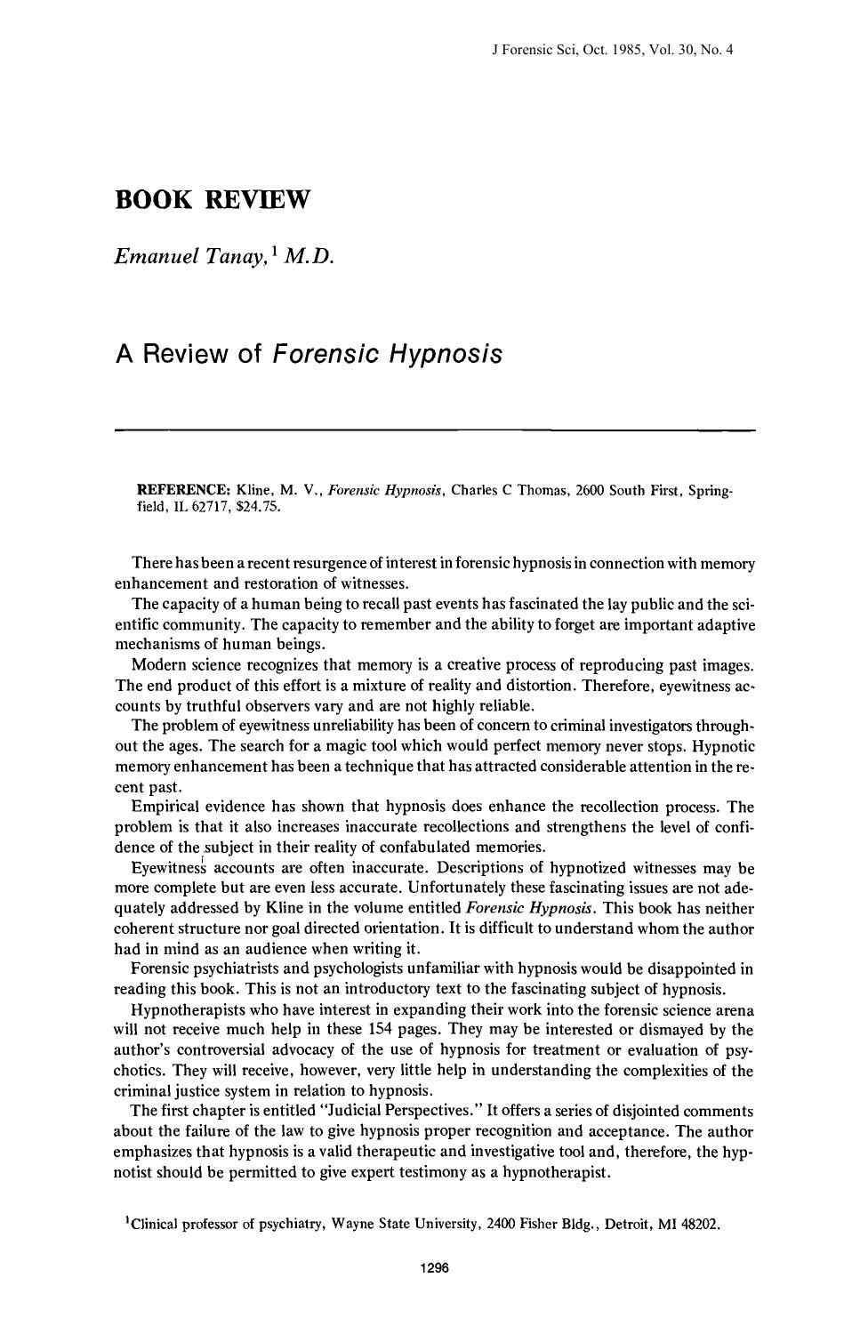 A Review of <i>Forensic Hypnosis<i> by Tanay E