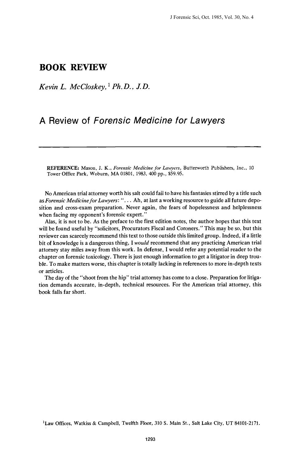 A Review of <i>Forensic Medicine for Lawyers<i> by McCloskey KL