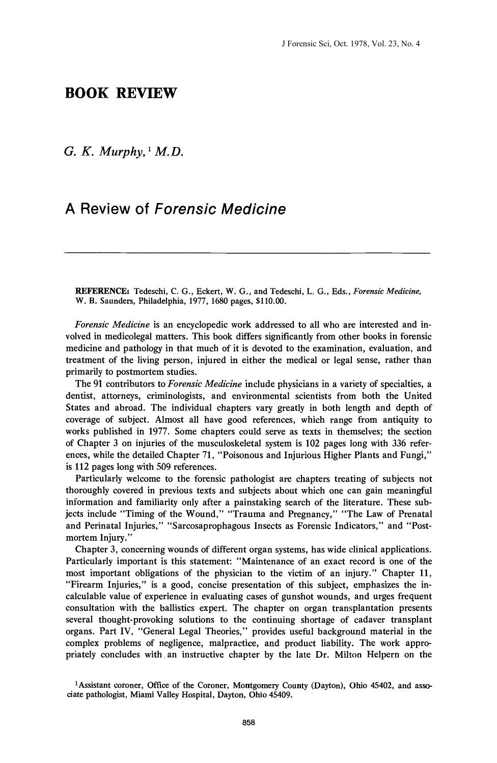 A Review of <i>Forensic Medicine<i> by Murphy GK