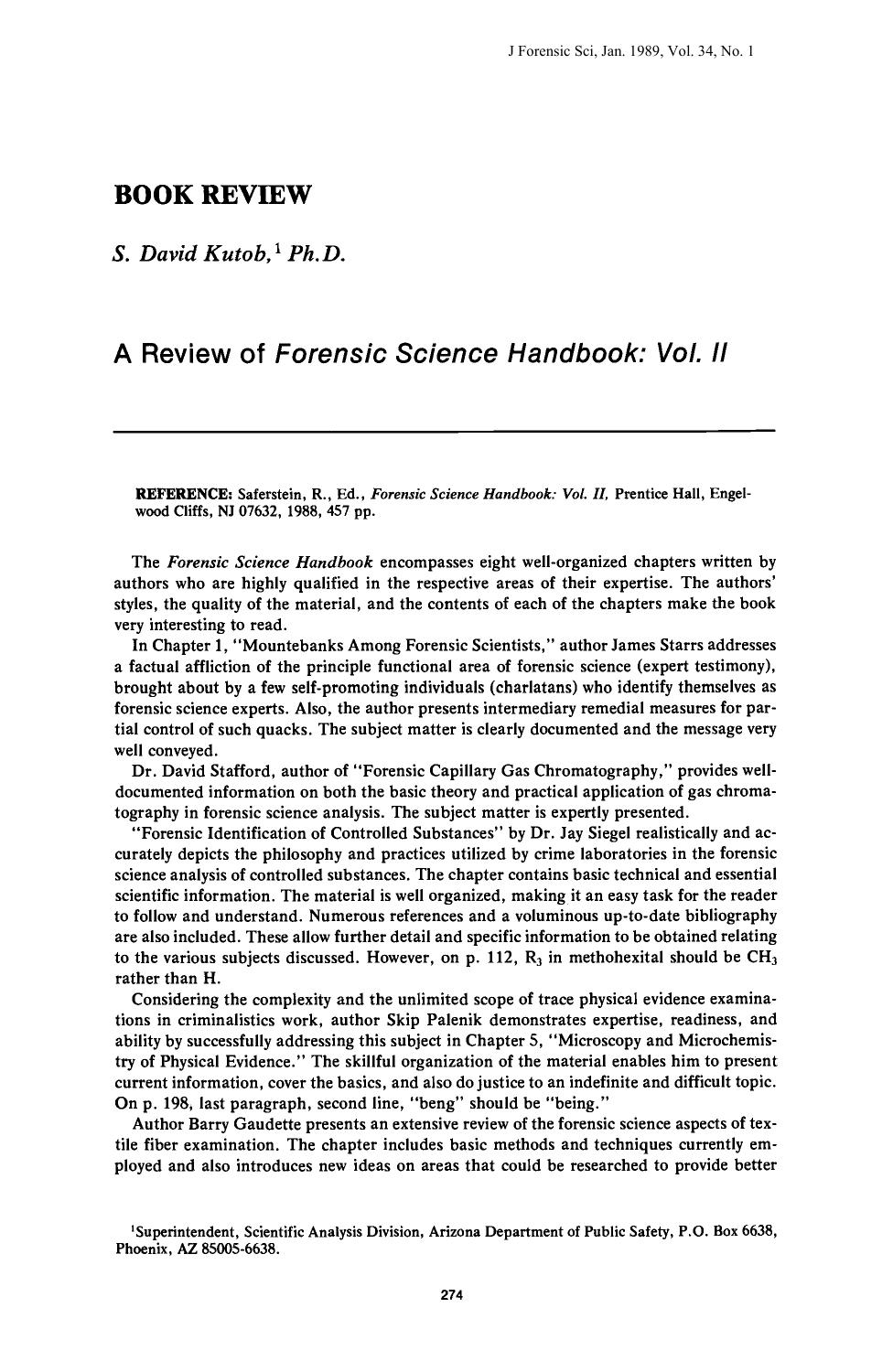 A Review of <i>Forensic Science Handbook: Vol. II<i> by Kutob SD