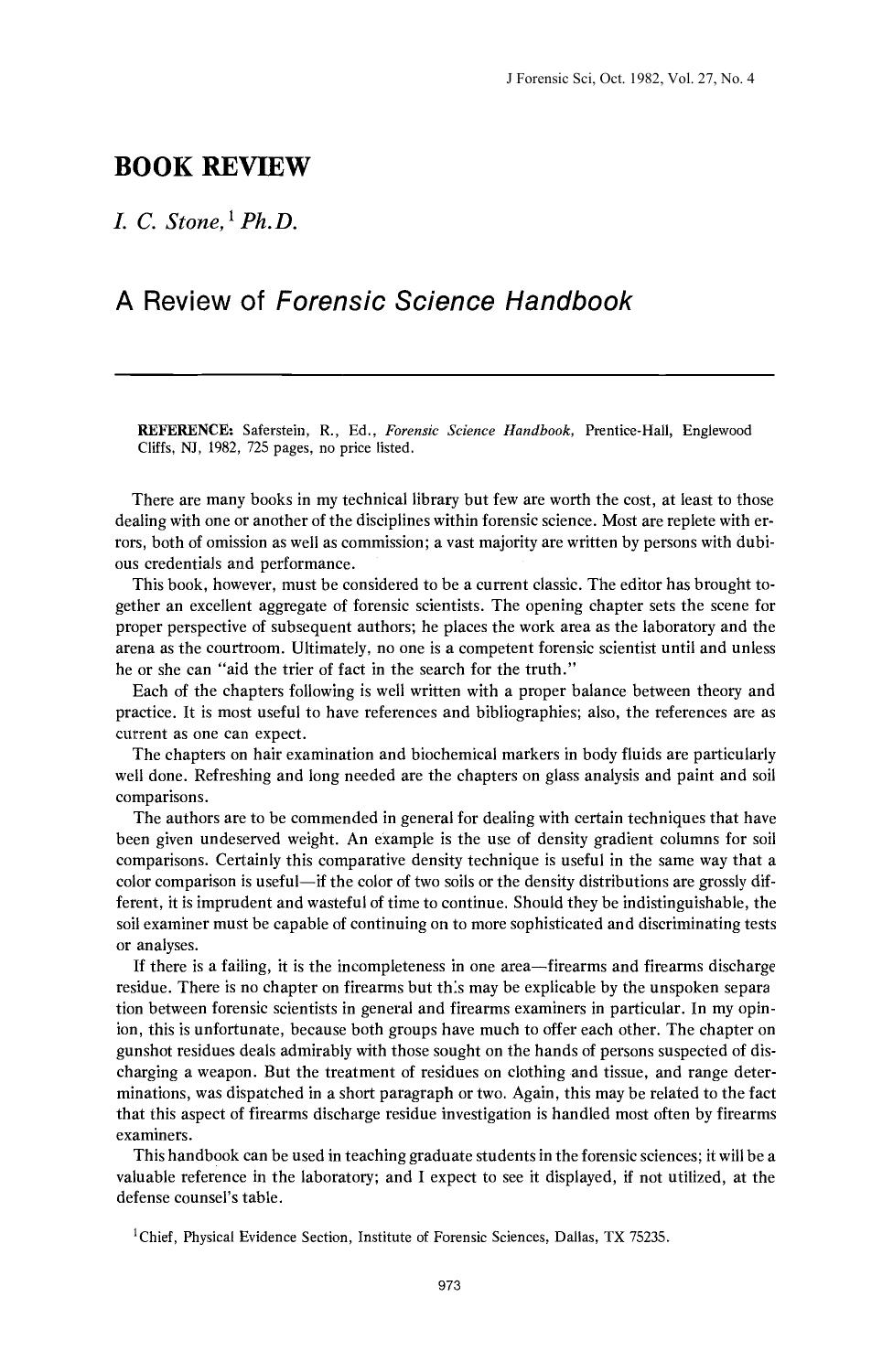 A Review of <i>Forensic Science Handbook<i> by Stone IC