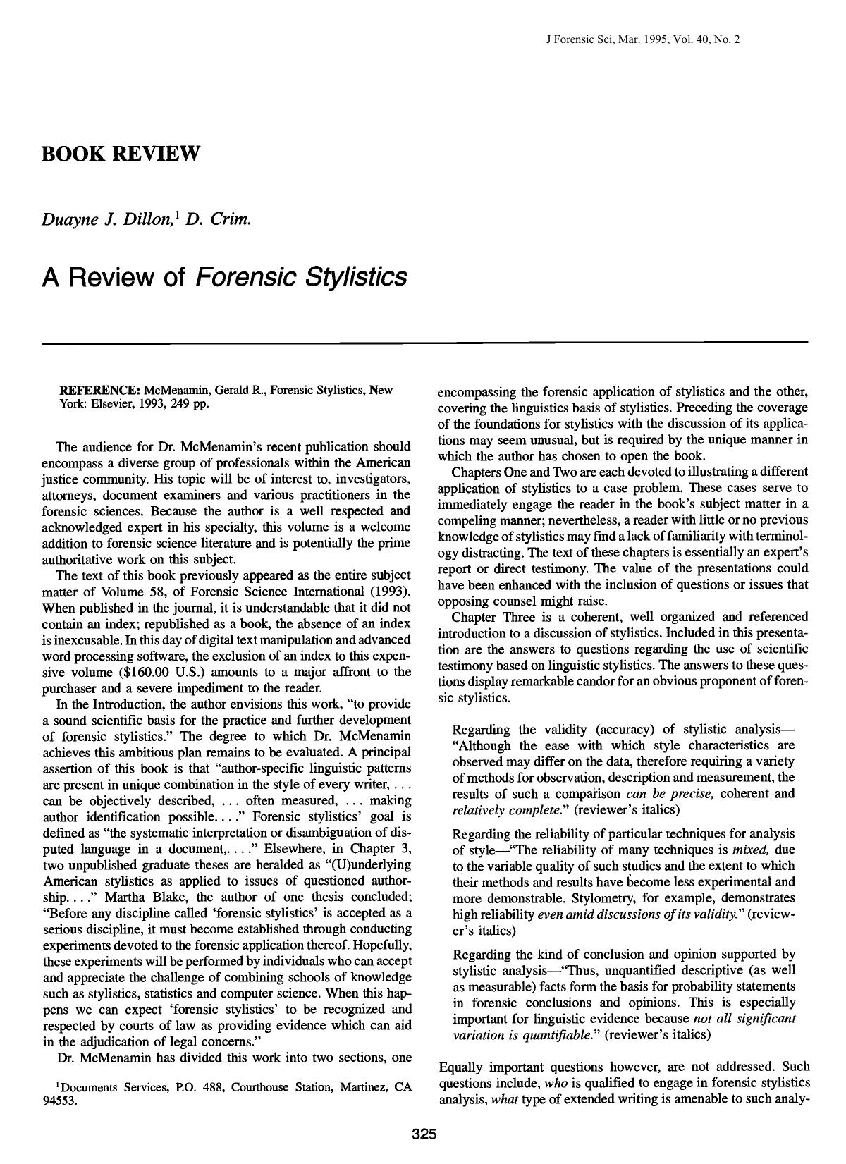 A Review of <i>Forensic Stylistics<i> by Dillon DJ
