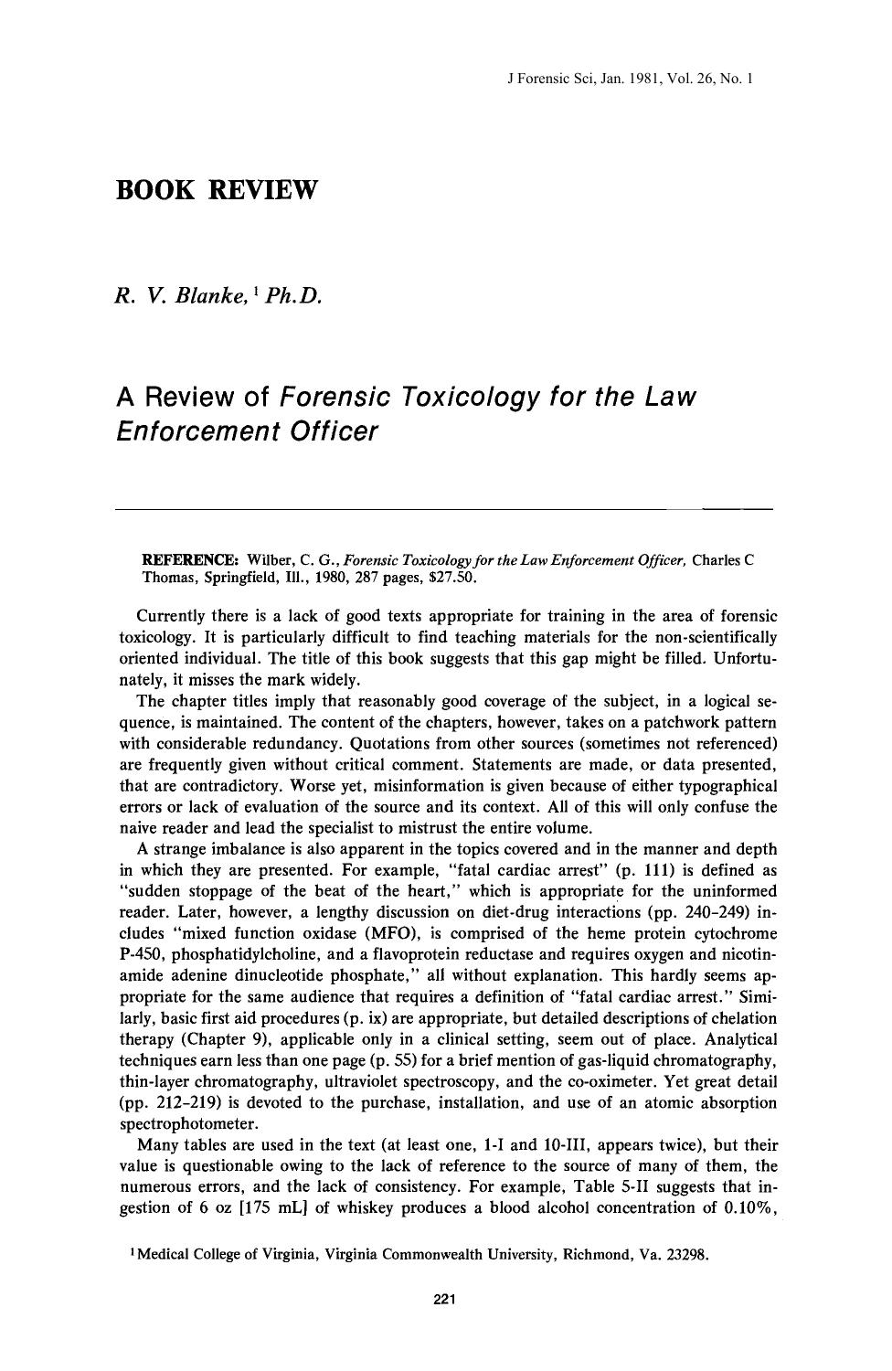 A Review of <i>Forensic Toxicology for the Law Enforcement Officer<i> by Blanke RV