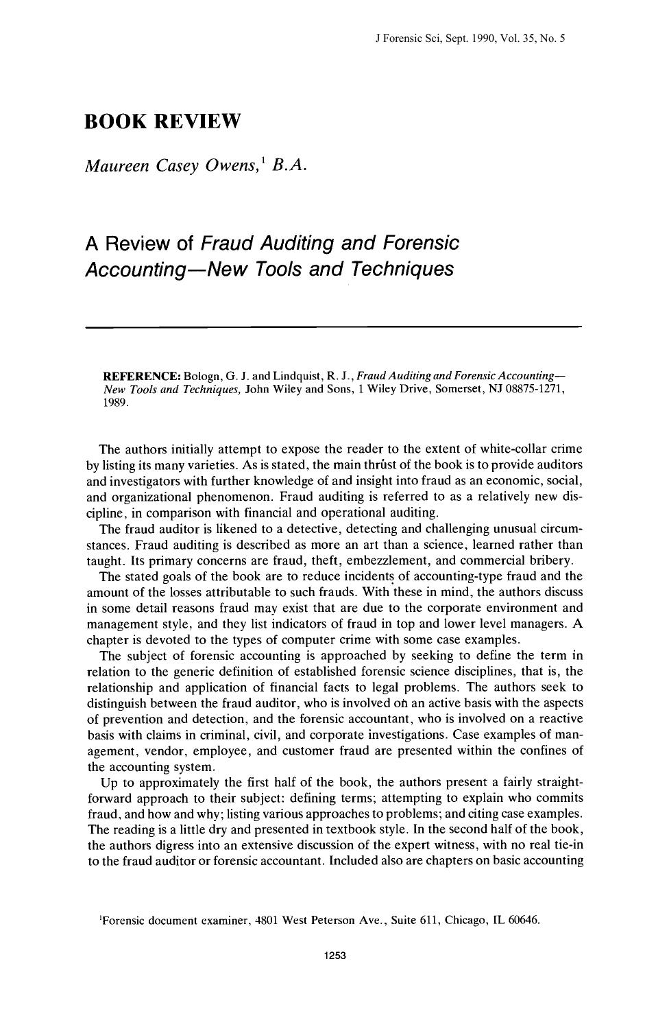 A Review of <i>Fraud Auditing and Forensic AccountingÂNew Tools and Techniques<i> by Owens MC