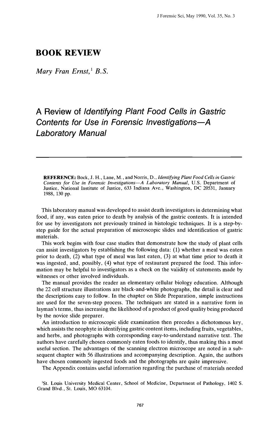 A Review of <i>Identifying Plant Food Cells in Gastric Contents for Use in Forensic InvestigationsÂA Laboratory Manual<i> by Ernst MF