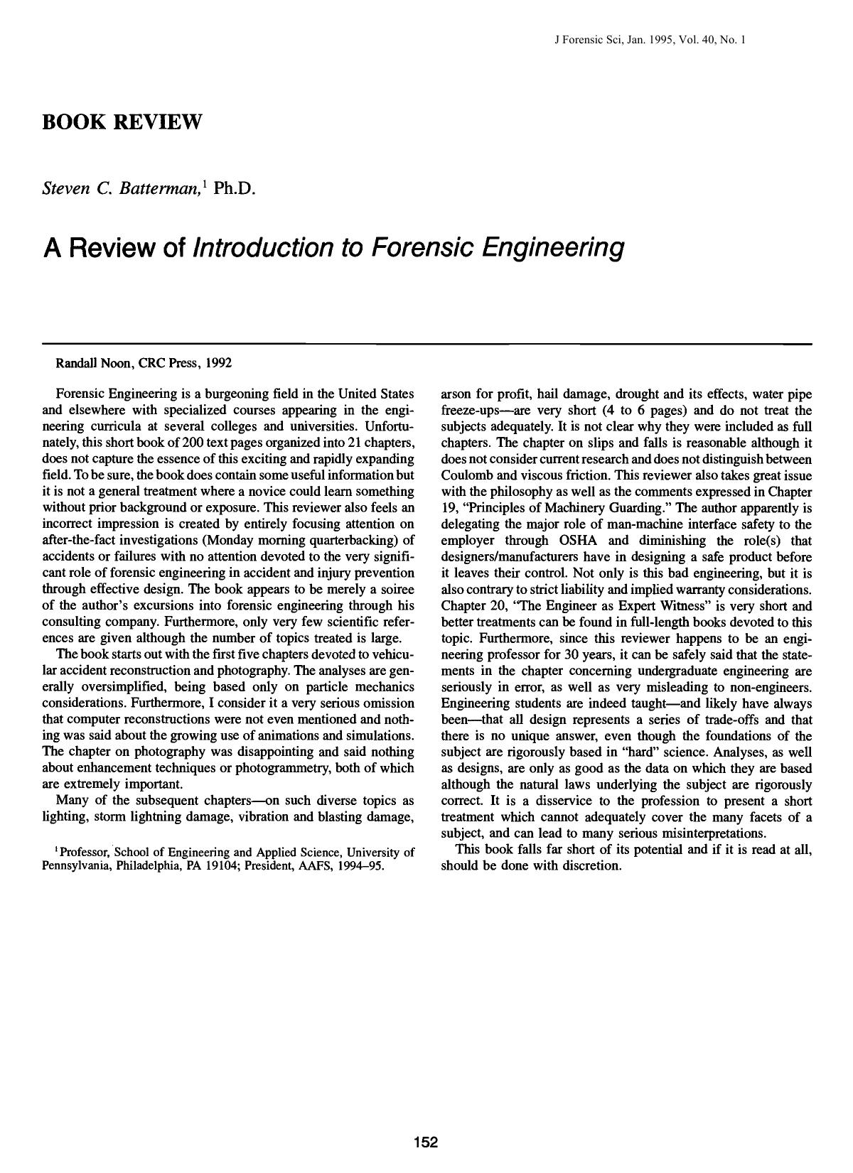 A Review of <i>Introduction to Forensic Engineering<i> by Batterman SC