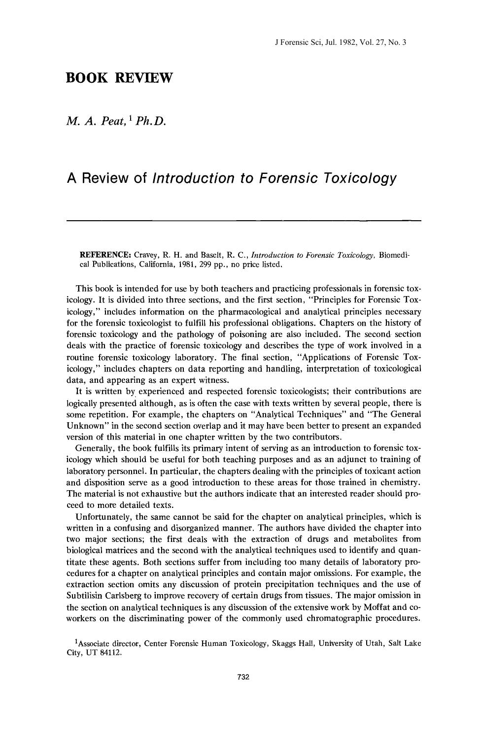 A Review of <i>Introduction to Forensic Toxicology<i> by Peat MA