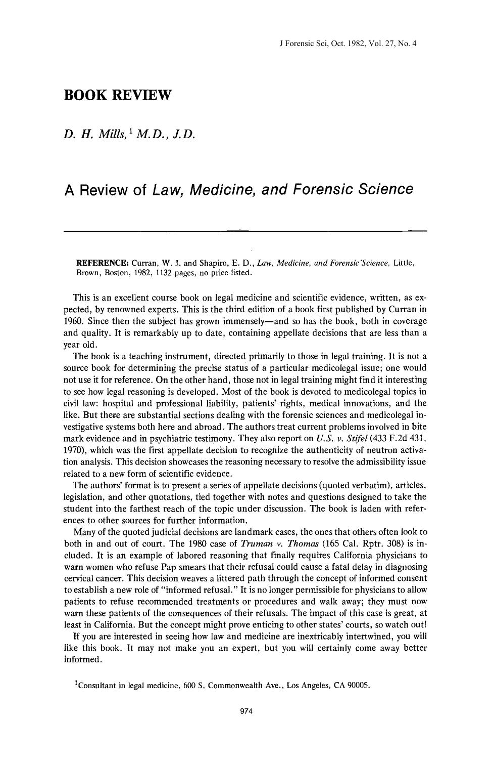 A Review of <i>Law, Medicine, and Forensic Science<i> by Mills DH