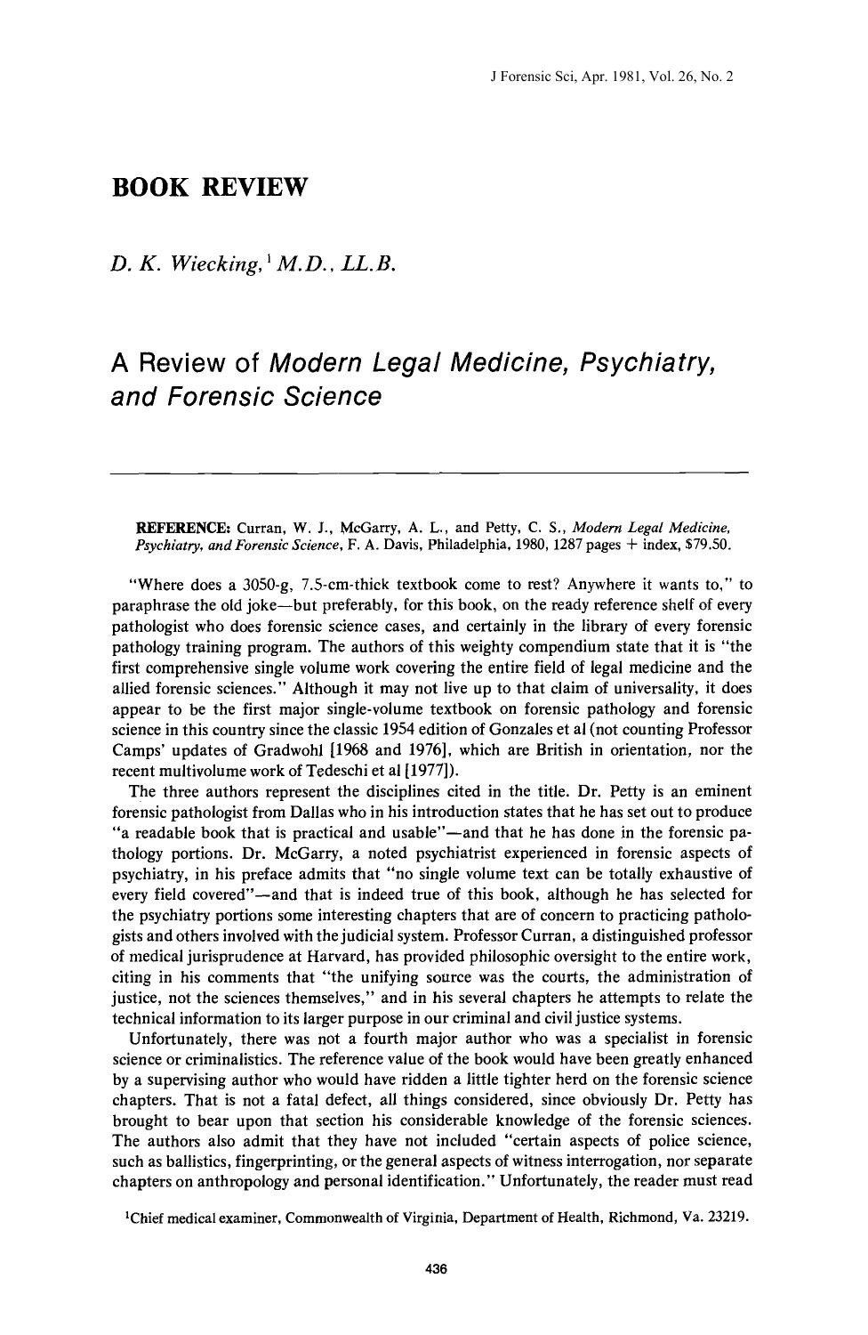 A Review of <i>Modern Legal Medicine, Psychiatry, and Forensic Science<i> by Wiecking DK