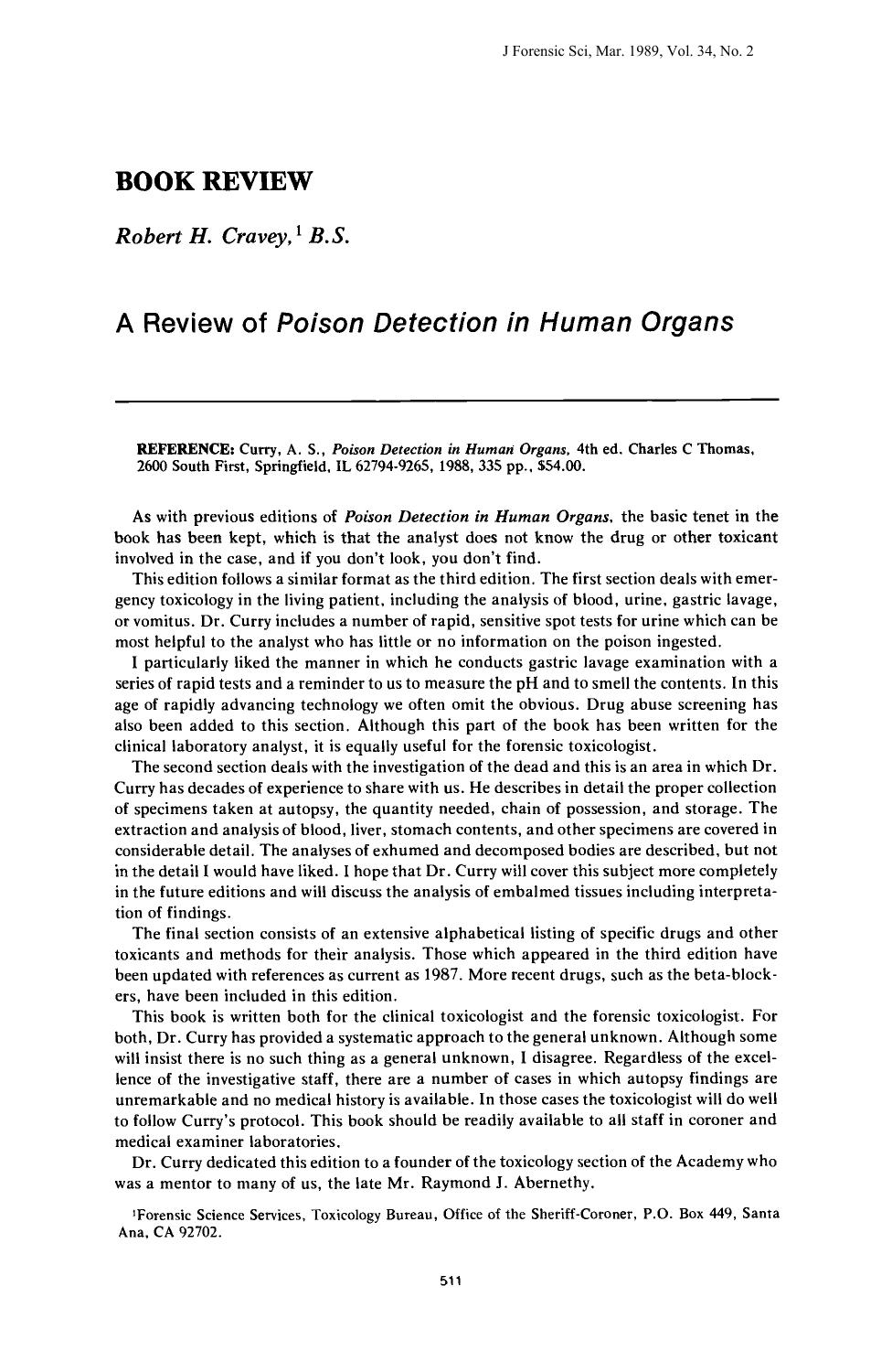 A Review of <i>Poison Detection in Human Organs<i> by Cravey RH