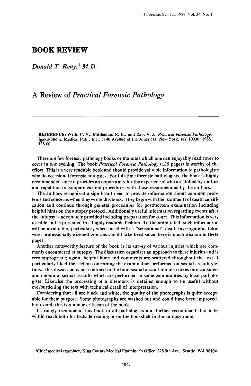 A Review of <i>Practical Forensic Pathology<i> by Reay DT