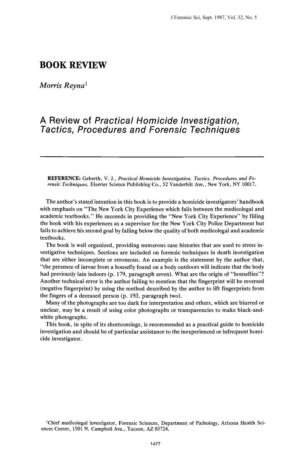 A Review of <i>Practical Homicide Investigation, Tactics, Procedures and Forensic Techniques<i> by Reyna M