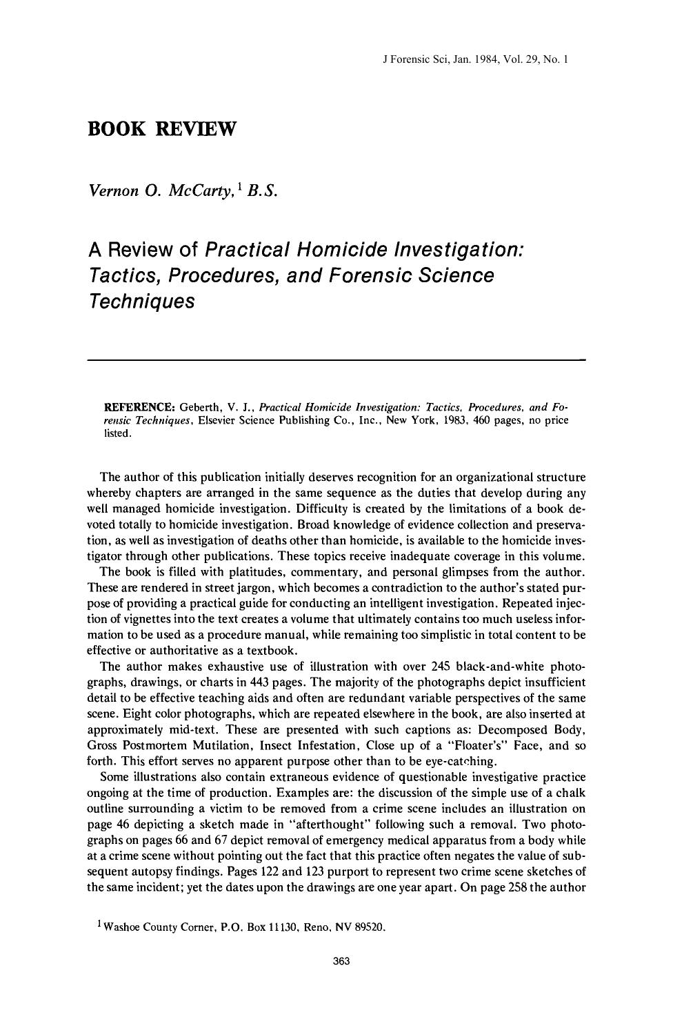 A Review of <i>Practical Homicide Investigation: Tactics, Procedures, and Forensic Science Techniques<i> by McCarty VO