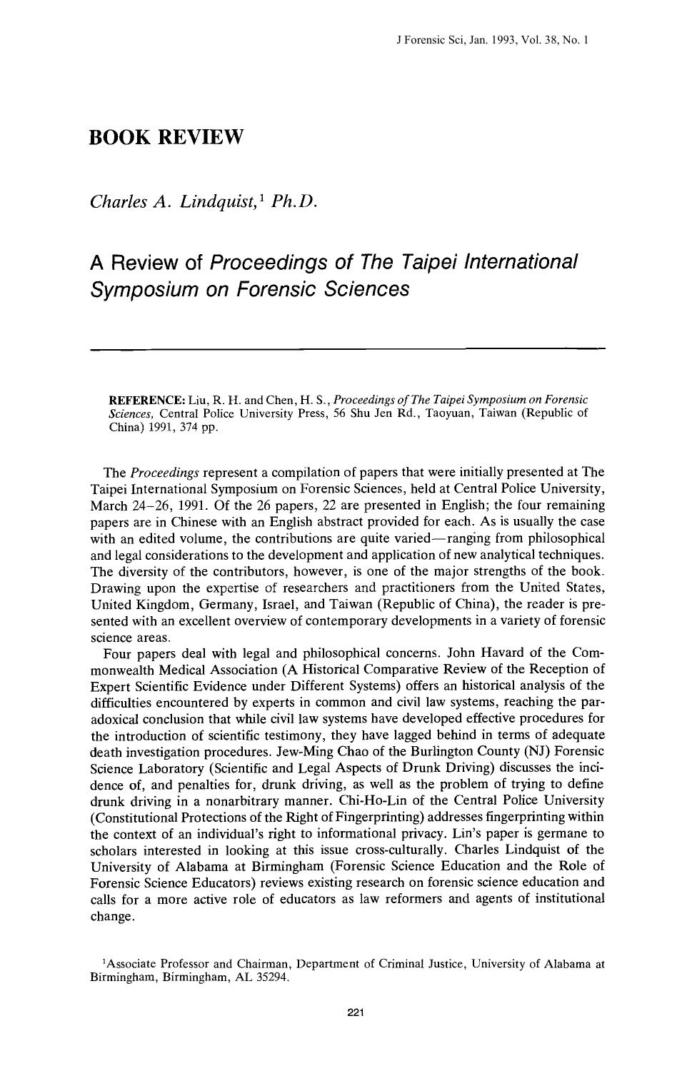 A Review of <i>Proceedings of The Taipei International Symposium on Forensic Sciences<i> by Lindquist CA