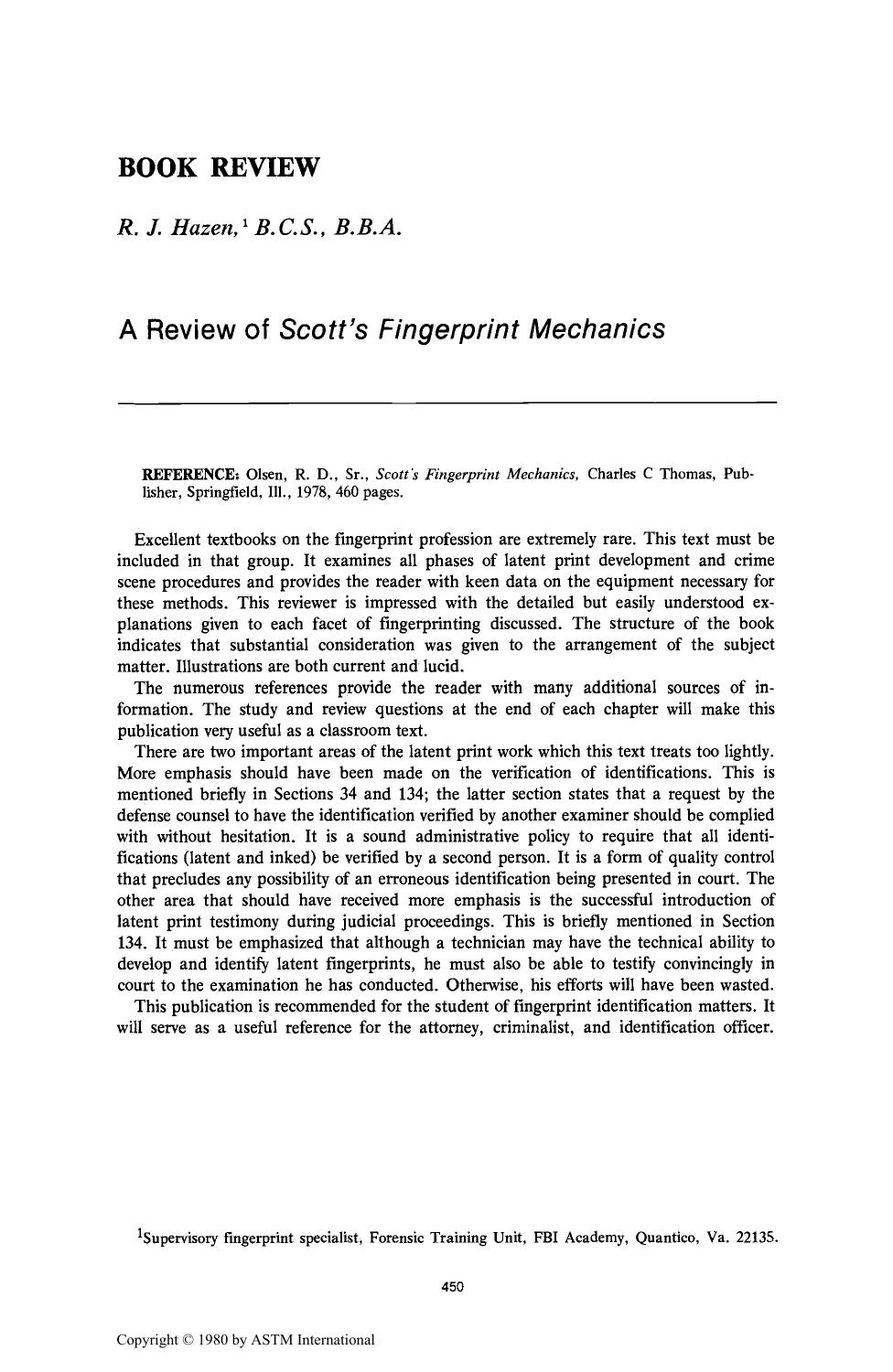 A Review of <i>Scott's Fingerprint Mechanics<i> by Hazen RJ