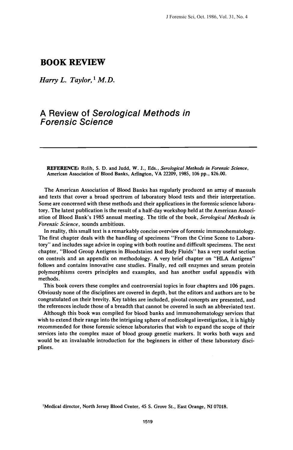 A Review of <i>Serological Methods in Forensic Science<i> by Taylor HL