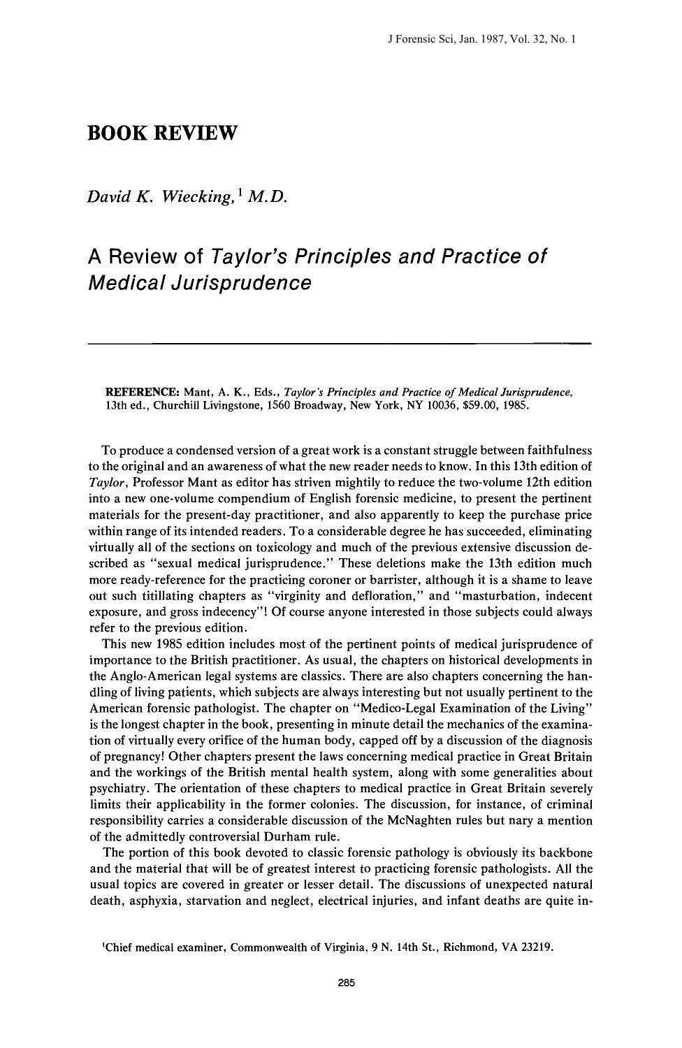 A Review of <i>Taylor's Principles and Practice of Medical Jurisprudence<i> by Wiecking DK
