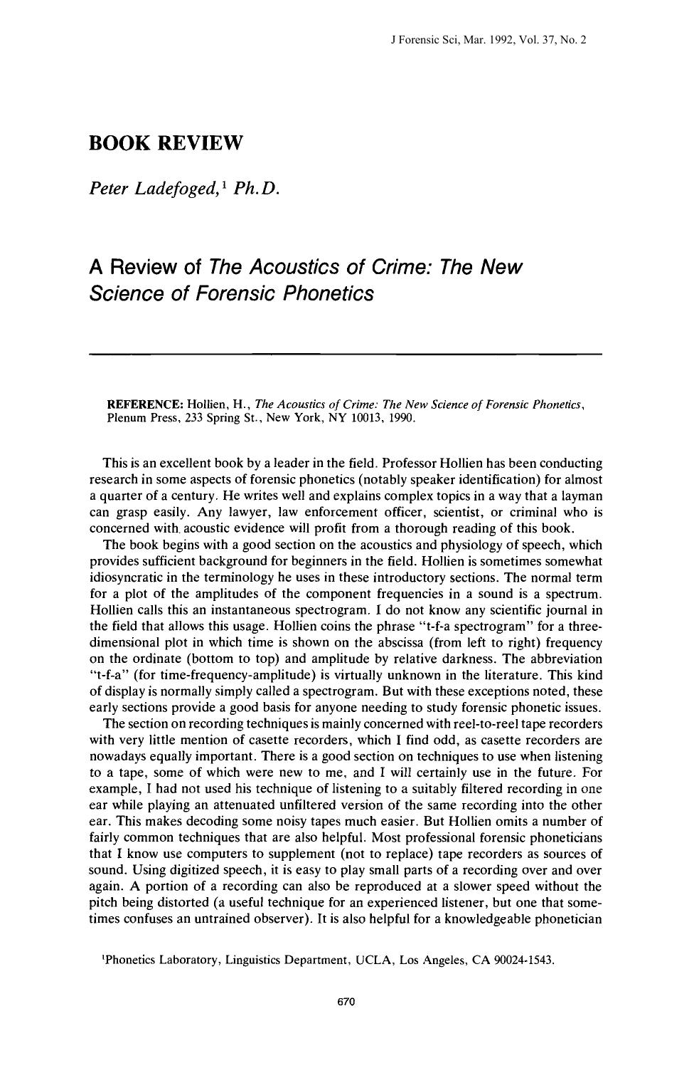 A Review of <i>The Acoustics of Crime: The New Science of Forensic Phonetics<i> by Ladefoged P