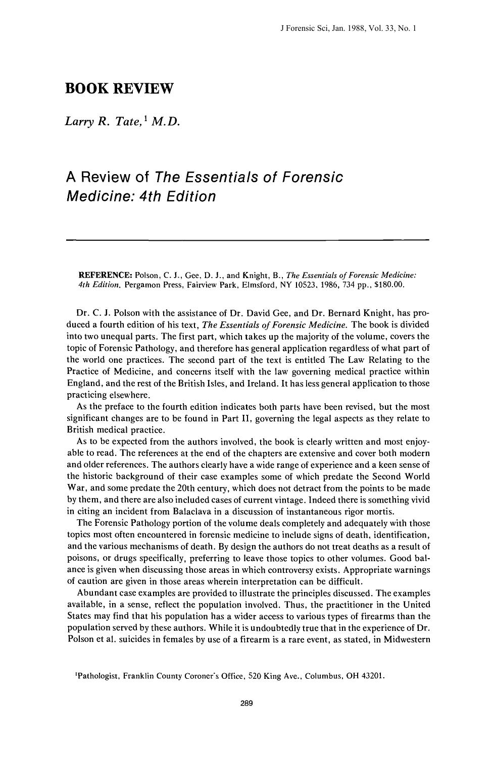 A Review of <i>The Essentials of Forensic Medicine: 4th Edition<i> by Tate LR