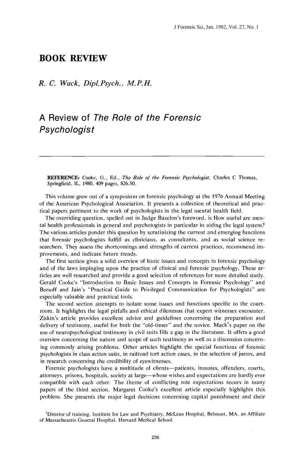 A Review of <i>The Role of the Forensic Psychologist<i> by Wack RC