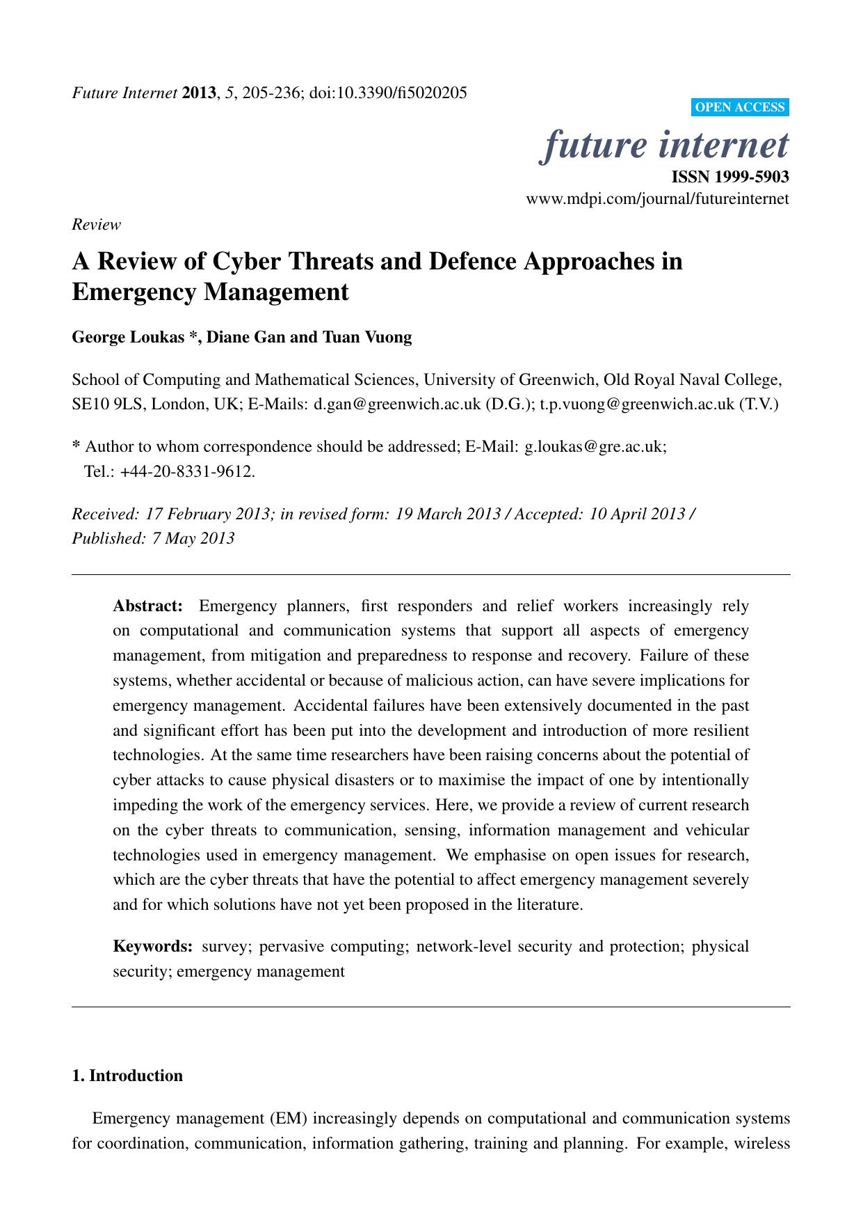 A Review of Cyber Threats and Defence Approaches in Emergency Management by George Loukas * & Diane Gan and Tuan Vuong
