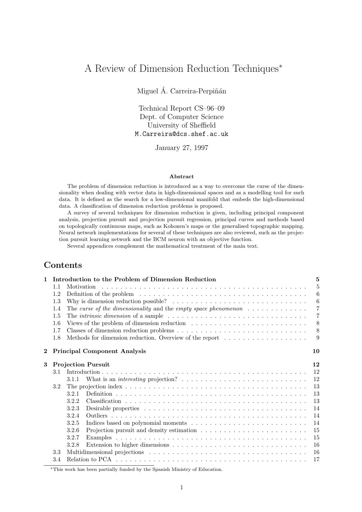 A Review of Dimension Reduction Techniques by Miguel Á. Carreira-Perpiñán