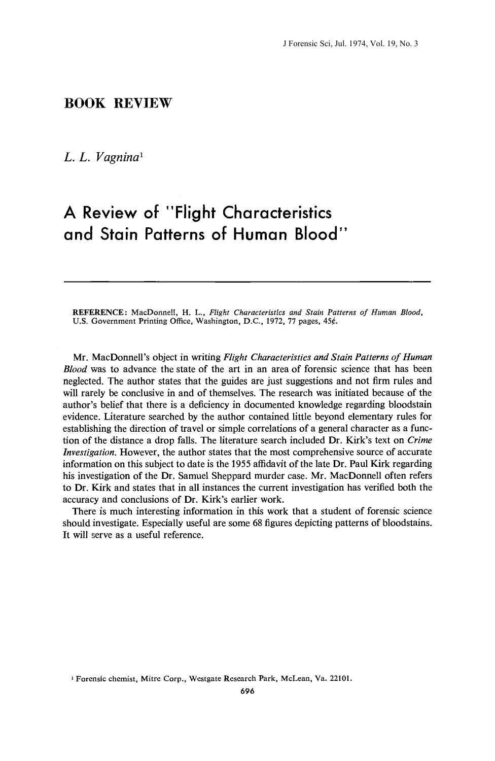 A Review of Flight Characteristics and Stain Patterns of Human Blood by Vagnina LL