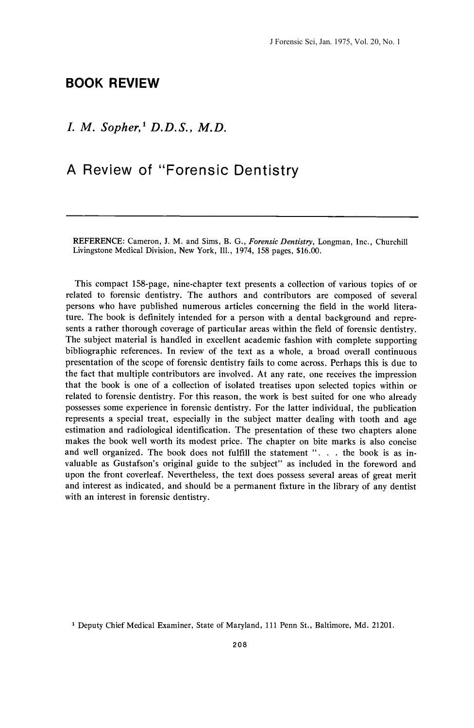 A Review of Forensic Dentistry by Sopher IM